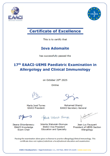 EAACI–UEMS vaikų alergologijos ir klinikinės imunologijos egzaminas yra tarptautinis profesinis vertinimas